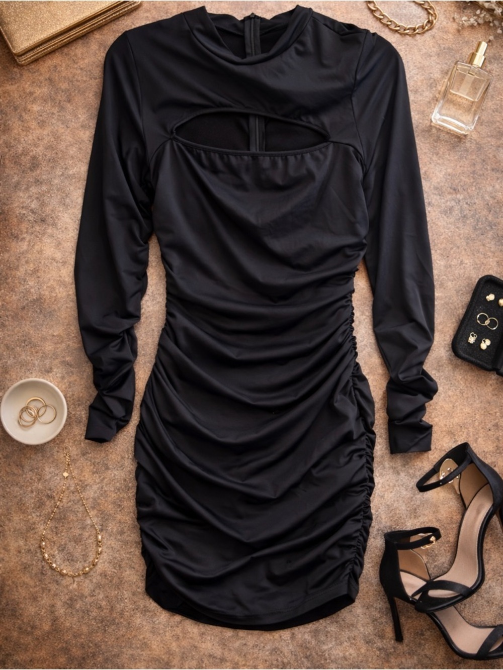 Black XL Ruched Cutout Bodycon Mini Dress Long Sleeve Club Party